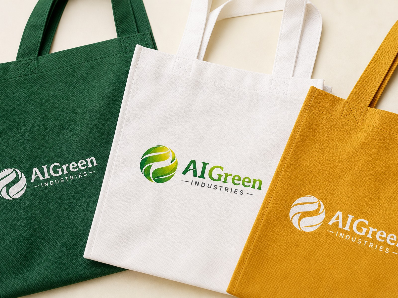 AI Green Industries branded nonwoven bag collection with company logo