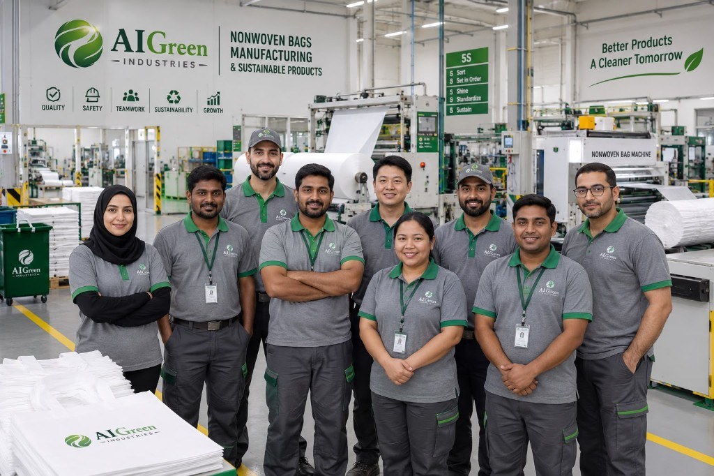 AI Green Industries plant staff in uniform — diverse nationalities and genders on the factory floor